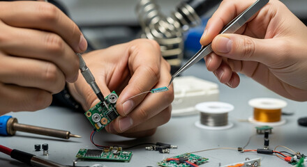 Electronics repair soldering circuit board technician hands working with tools and components close up view