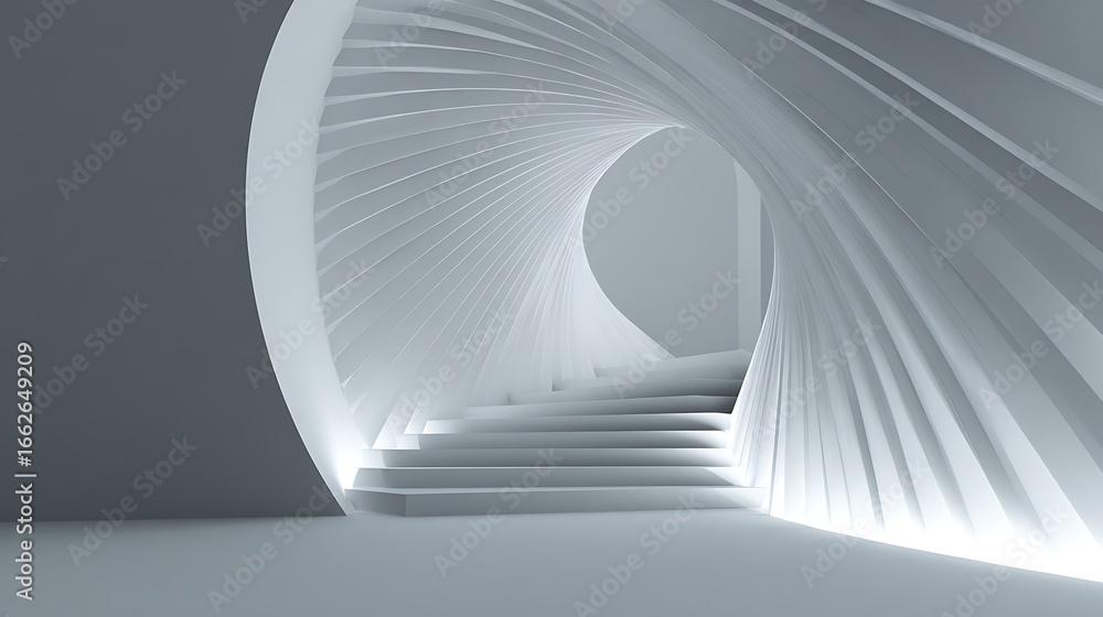 Poster modern architecture with white stairs creating an abstract and geometric pattern, interior design wi