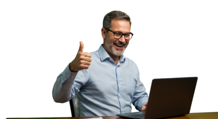 thumbs giving on man businessman happy up happy smiling thumbs laptop businessman