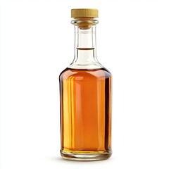 Small, clear glass bottle filled with amber liquid, topped with a light brown cork-like cap