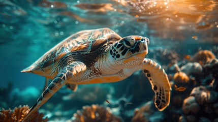 Fototapeta premium Sea turtle swimming in ocean water with coral reef below