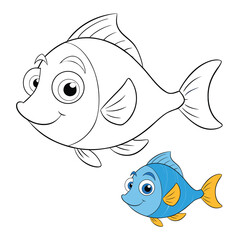A cheerful, colorful cartoon fish with big sparkling eyes, playful fins, and a smiling face, swimming happily in bright, bubbly underwater surroundings.
