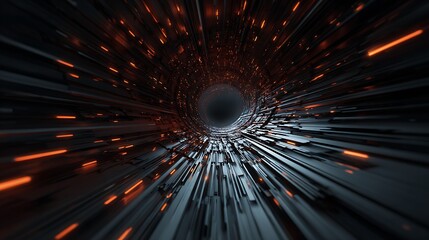 Abstract dark tunnel with orange sparks, a futuristic design element that creates a sense of speed and motion, perfect for technology and scifi themes