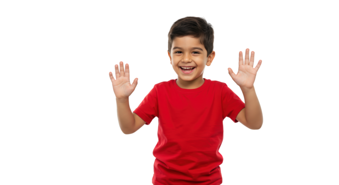 Hands waving boy  smiling boy  child red little  kid happy  happy shirt in
