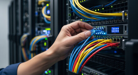Network engineer connecting ethernet cables to server rack for data center maintenance and upgrade project