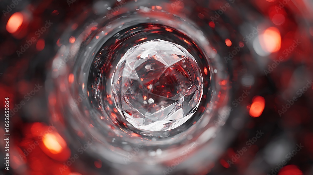 Poster a mesmerizing macro shot of a sparkling diamond, its facets reflecting red light and creating a boke