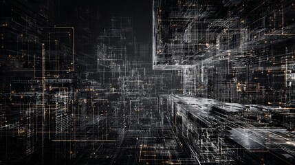 Tech overlays on architecture or abstract digital patterns