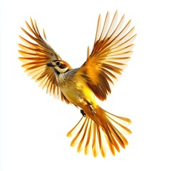 Naklejka premium Golden bird in flight against white background. Feathers in vibrant, warm tones of gold and amber. Detailed wings outstretched, showcasing intricate feather structure. 