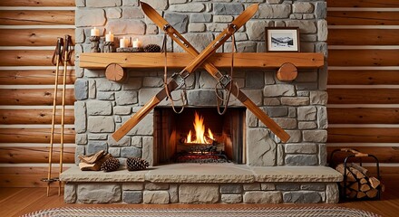 Rustic stone fireplace adorned with vintage wooden skis creates a cozy and inviting winter lodge atmosphere in a charming log cabin interior, perfect for unwinding.
