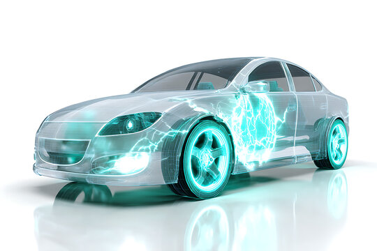 Dynamic electric car concept visualized with glowing cyan energy circuits and wireframe chassis, representing futuristic automotive innovation and power. - Powered by Adobe