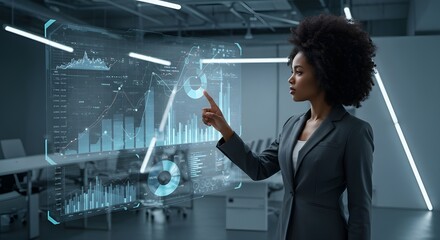 Modern executive interacting with digital holographic graph representing future business growth