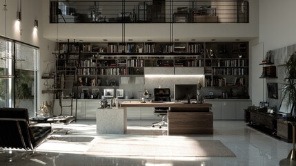 Spacious, modern office with desk, shelves, and upper-level storage; bright, natural light