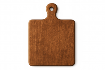 Small square wooden cutting board isolated on transparent background, perfect for food photography and culinary projects