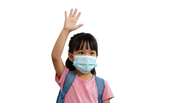 Hand  child mask schoolgirl  school wearing girl  kid raising  student  student  child