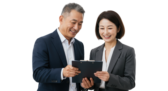 Professionals documents together man  business  asian reviewing smiling asian  woman business  professional