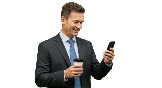 Cup businessman a  professional while suit coffee a smartphone  business holding using smiling  man businessman  person - Powered by Adobe