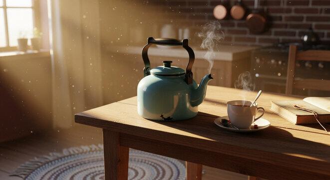 Cozy kitchen scene with tea kettle and cup on table in morning sunlight for relaxation and calm vibes