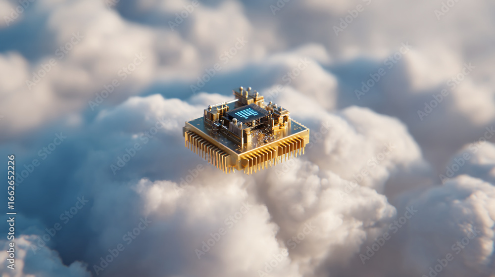 Poster a golden computer chip floating in a sky filled with fluffy white clouds