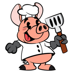Funny Piglet cartoon characters, wearing chef uniform, chef hat, and gloves while holding a spatula. Best for sticker, logo, and mascot with restaurant themes for kids