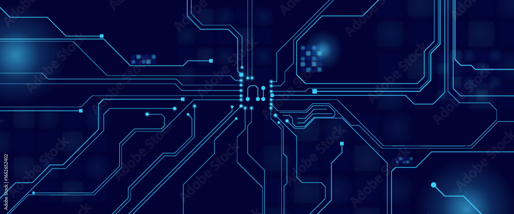 Fototapete brightly glowing ai chip on light circuit board on technology blue background. cpu processor or semi