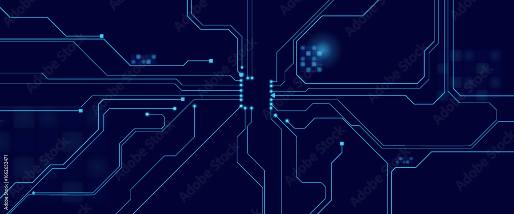 Fototapete brightly glowing ai chip on light circuit board on technology blue background. cpu processor or semi
