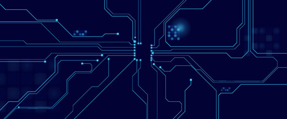 Brightly glowing AI chip on light circuit board on technology blue background. CPU processor or semiconductor on tech bg. Computer microchip on motherboard. Abstract digital vector illustration.