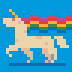 Cute pixel art unicorn galloping with a rainbow trail behind it. Bright colors and playful aesthetic evoke classic retro game vibes.