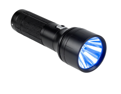 Powerful Black Flashlight Emitting Blue Light, Front View, isolated on transparent background PNG