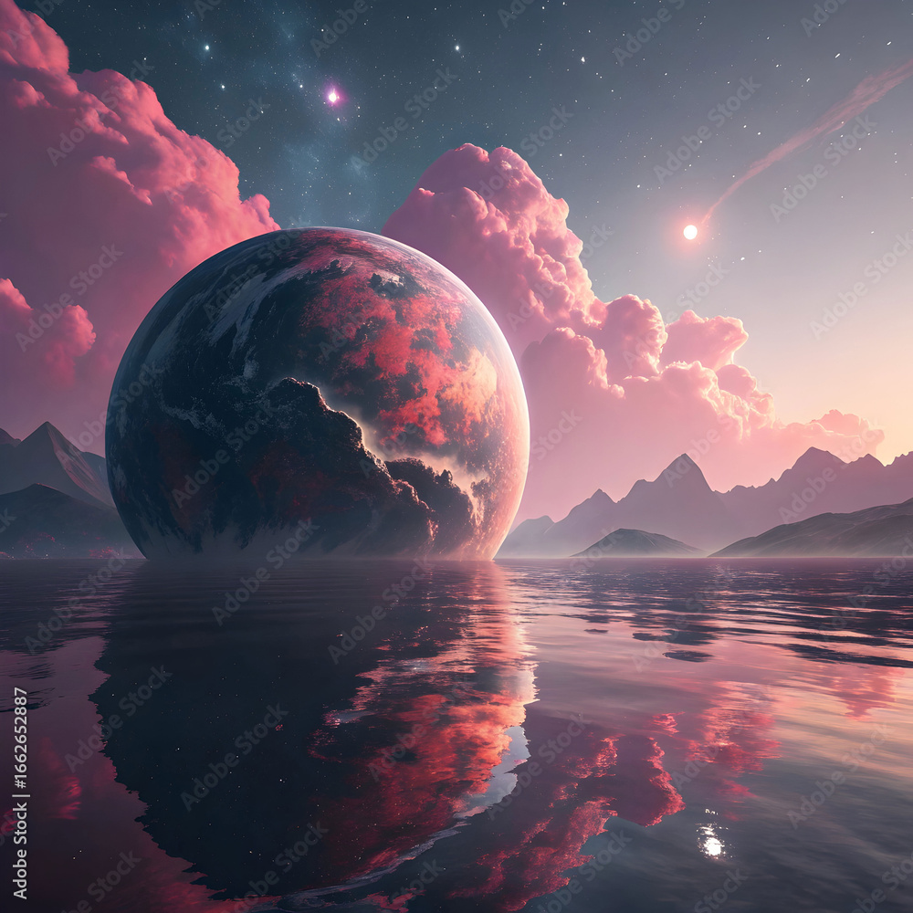 Aufkleber a retro-futuristic planet casting a reflection on a shiny surface