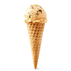 Light-tan ice cream scoop in a waffle cone against a white background