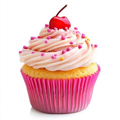 Sweet cupcake topped with pink icing and sprinkles, a cherry, and a pink paper liner
