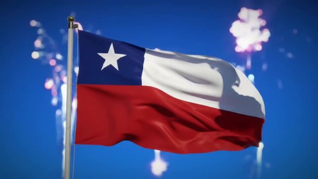 Chilean Flag Waving with Fireworks Celebration 11. - Powered by Adobe