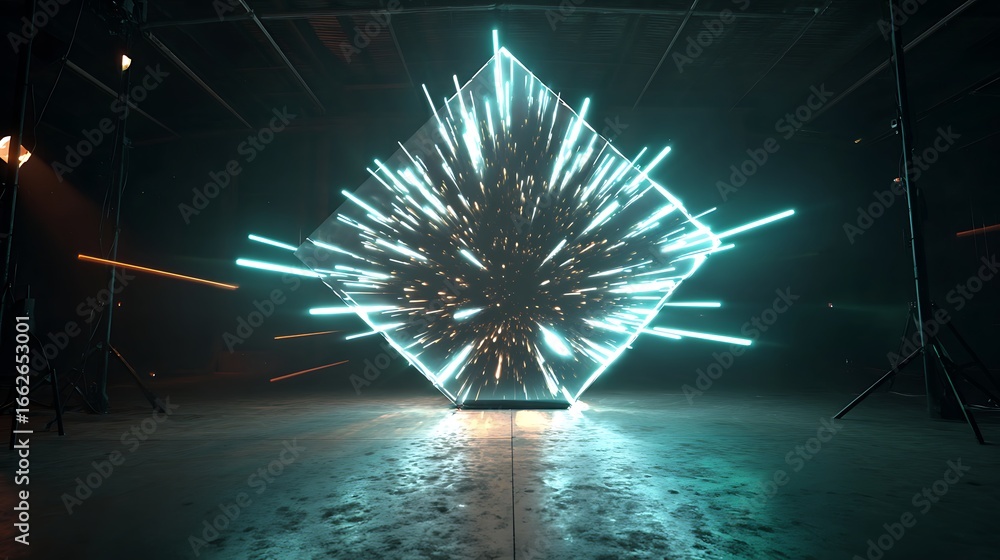 Poster abstract cube with glowing beams and sparks creates a futuristic and energetic background with a vib