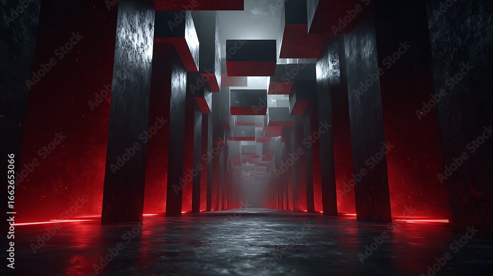 Poster abstract futuristic architecture with concrete walls and red neon lights creates a modern and indust
