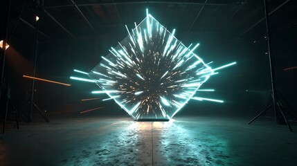 Abstract cube with glowing beams and sparks creates a futuristic and energetic background with a vibrant and dynamic visual effect in a dark space