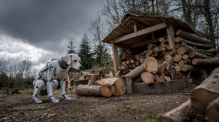 A robotic dog sits near a woodpile under a cloudy sky in an outdoor scene