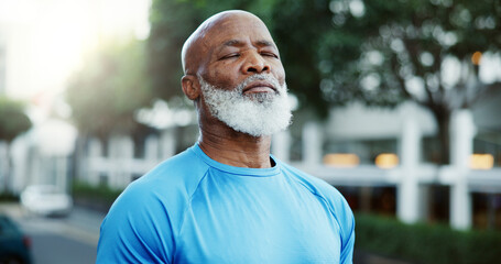Break, breathing and fitness with black man outdoor in neighborhood for cardio training or running....