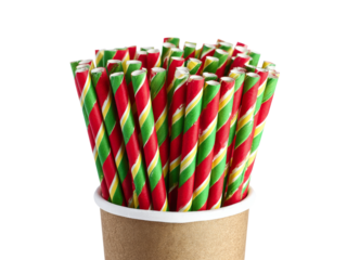 Colorful striped paper straws in a brown cup, Isolated On White Background, Png Transparent