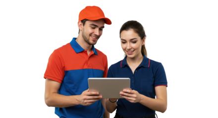  customer service  delivery person using two delivery staff  teamwork staff delivery  collaboration tablet  collaboration  customer service
