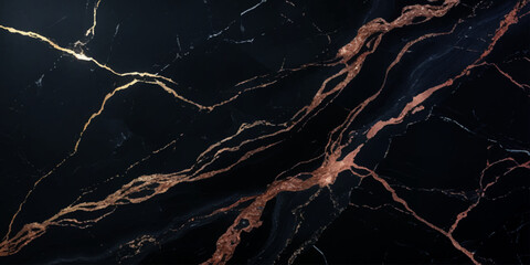 Luxurious marble texture with a predominantly black background and flowing patterns with golden veins running through it, creating a striking contrast.	