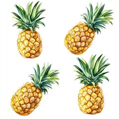 Four pineapples,  bright yellow, detailed,  with green leaves,  isolated on white background
