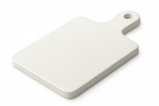 Clean white cutting board with handle, perfect for food preparation, presented on a transparent background