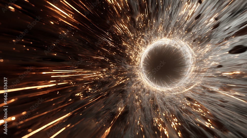 Poster a mesmerizing space tunnel with light streaks, creating a sense of speed and travel through time and