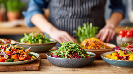 Gluten free summer recipes with fresh colorful salad bowls full of healthy vegetables and greens on wooden table in kitchen