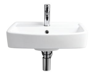 Modern White Ceramic Washbasin with Chrome Faucet, Front View, isolated on transparent background PNG
