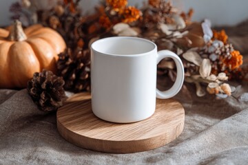 A white mug is on a round wood coaster amidst a pumpkin pine cones and autumncolored dried flowers set on a textured gray fabric