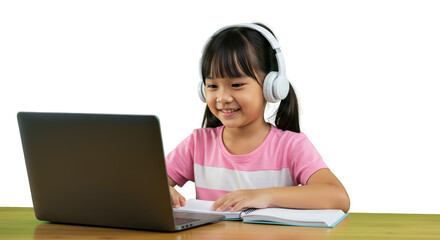 Learning  education  girl  learning headphones  online girl child and with online young laptop