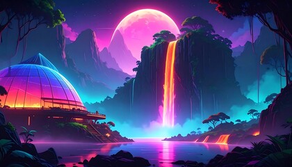 Vibrant, surreal landscape with a glowing waterfall