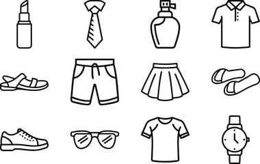 Collection of Fashion and Clothing Line Icons Including Bags, Shoes, Dresses, Jackets, Skirts, Accessories, and Watches for Modern Style and Apparel Design