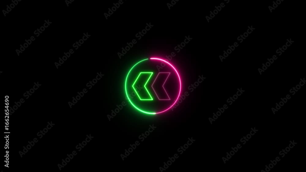 Poster glowing circle with left arrow animation. glowing colorful neon arrows isolated on a black backgroun